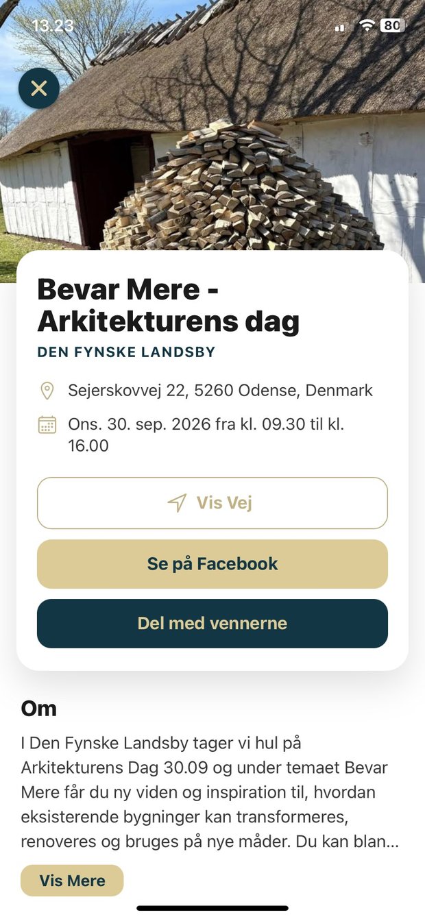 Skærmbillede af detaljesiden for et lokalt arrangement i What's Happening-appen
