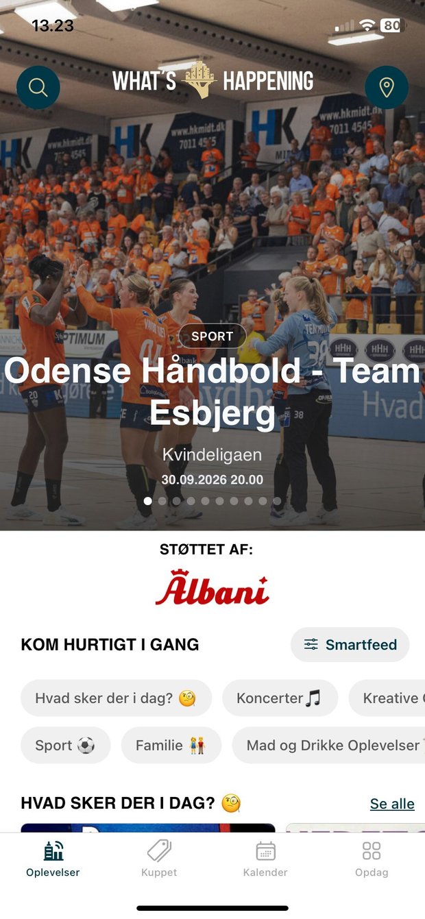 Skærmbillede af What's Happening-appens forside med et fremhævet lokalt arrangement