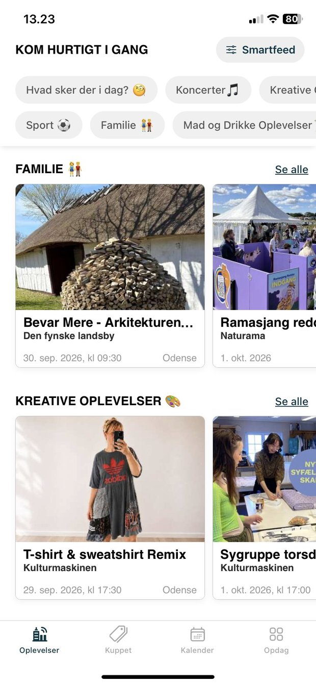 Skærmbillede af What's Happening-appen med lokale arrangementer under Familie og Kreative Oplevelser